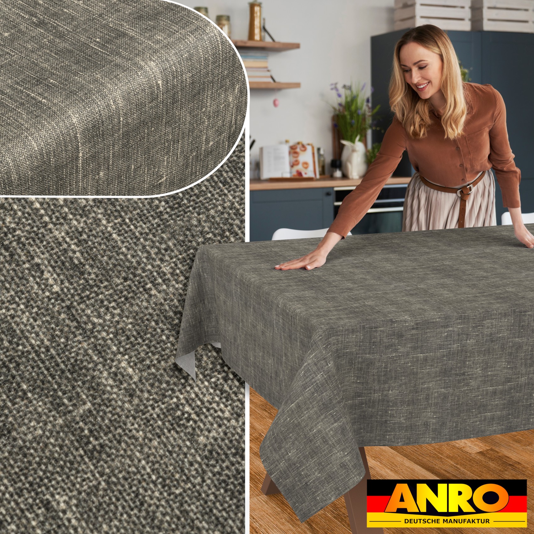 GTGANNA-110_SQ_50 Tischdecke abwaschbar Tischtuch Tischwäsche Gartentischdecke Stofftischdecke Leinenoptik Baumwolle Leinen Uni Anthrazit