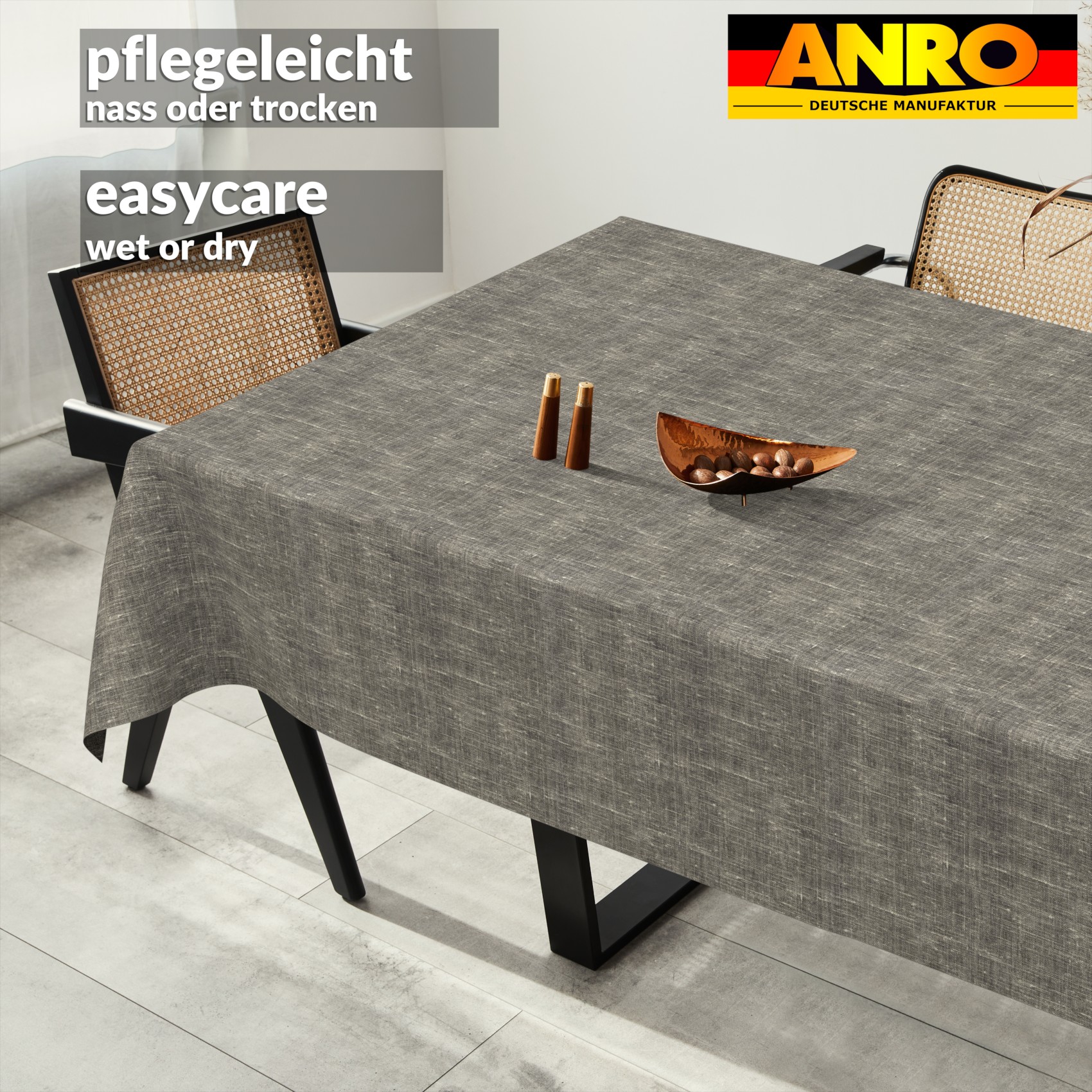 GTGANNA-110_SQ_91 Tischdecke abwaschbar Tischtuch Tischwäsche Gartentischdecke Stofftischdecke Leinenoptik Baumwolle Leinen Uni Anthrazit