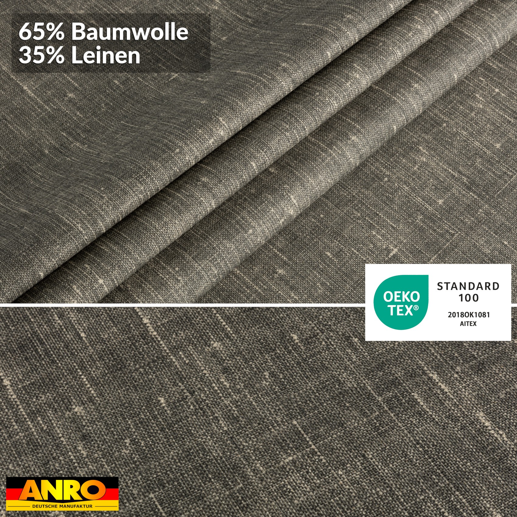 GTGANNA-110_80 Tischdecke abwaschbar Tischtuch Tischwäsche Gartentischdecke Stofftischdecke Leinenoptik Baumwolle Leinen Uni Anthrazit