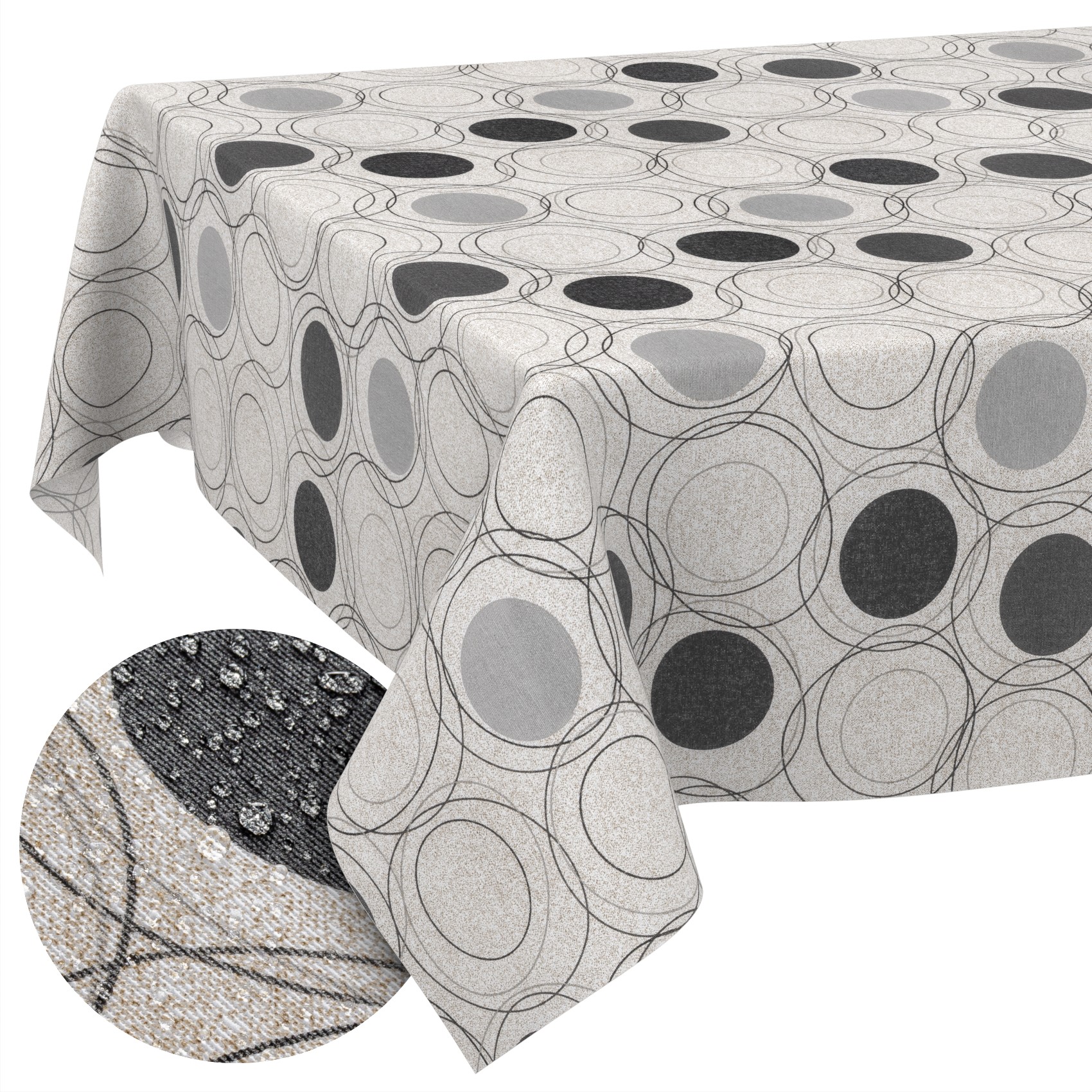 MRT68758_SQ_10B Tischdecke aus Stoff Textil Tischwäsche abwaschbar Tischtuch Baumwolle Polyester Circles Grey In-/Outdoor Tischdecke