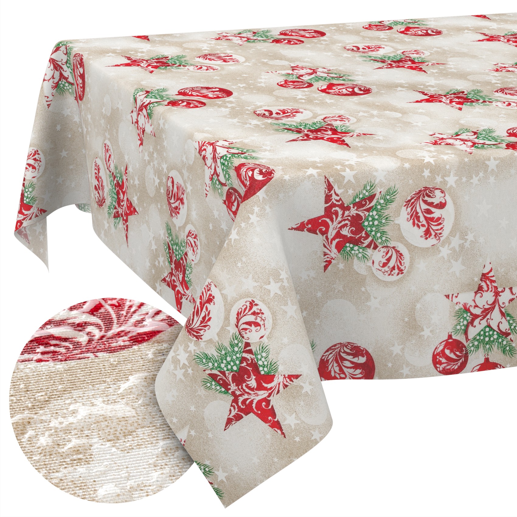Weihnachtstischdecke Textil Tischdecke Tischwäsche abwaschbar Tischtuch Baumwolle Polyester Stern Kugel Rot Beige