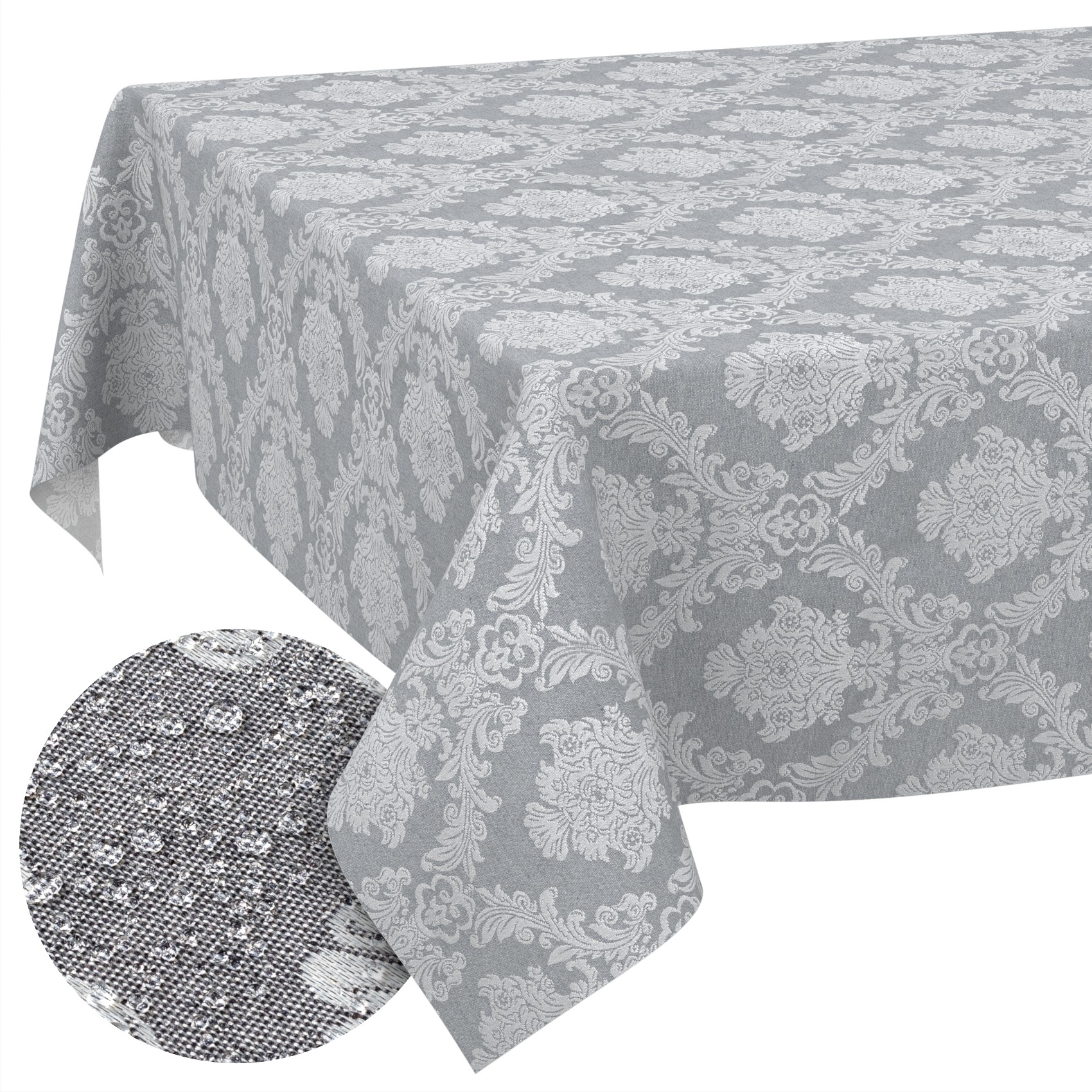 GTGANNA-21_SQ_10FBK Stoff Tischdecke Tischwäsche Textil Tischtuch Baumwolle Polyester Jacquard Ornamente Meterware Premium Barock Grau Outdoor Tischdecke Gartentischdecke