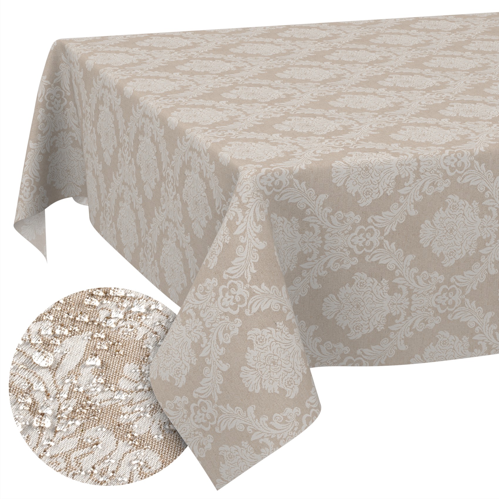GTGANNA-22_SQ_10FBK Stoff Tischdecke Tischwäsche Textil Tischtuch Baumwolle Polyester Jacquard Ornamente Meterware Premium Barock Beige Outdoor Tischdecke Gartentischdecke