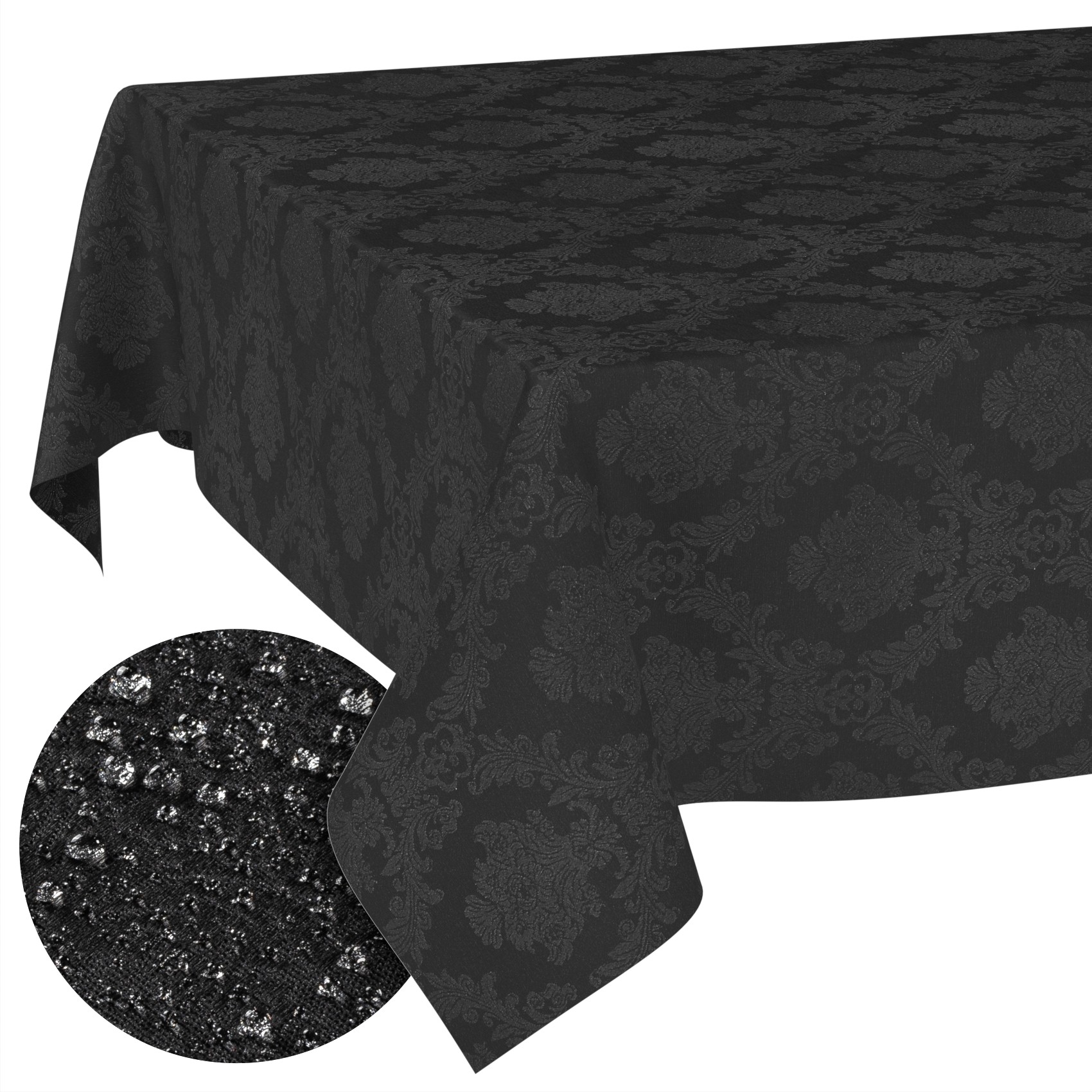 GTGANNA-23_SQ_10FBK Stoff Tischdecke Tischwäsche Textil Tischtuch Baumwolle Polyester Jacquard Ornamente Meterware Premium Barock Schwarz Outdoor Tischdecke Gartentischdecke