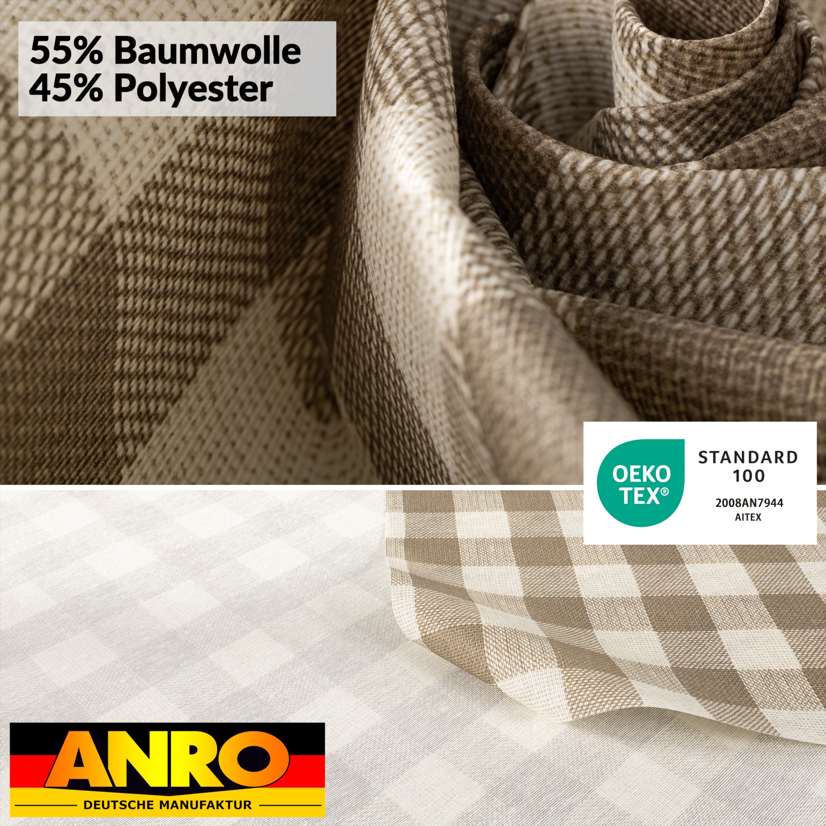 VIL3615_SQ_50 Tischdecke abwaschbar Stofftischdecke Gartentischdecke Textil Tischtuch Tafeldecke Meterware Karo Beige