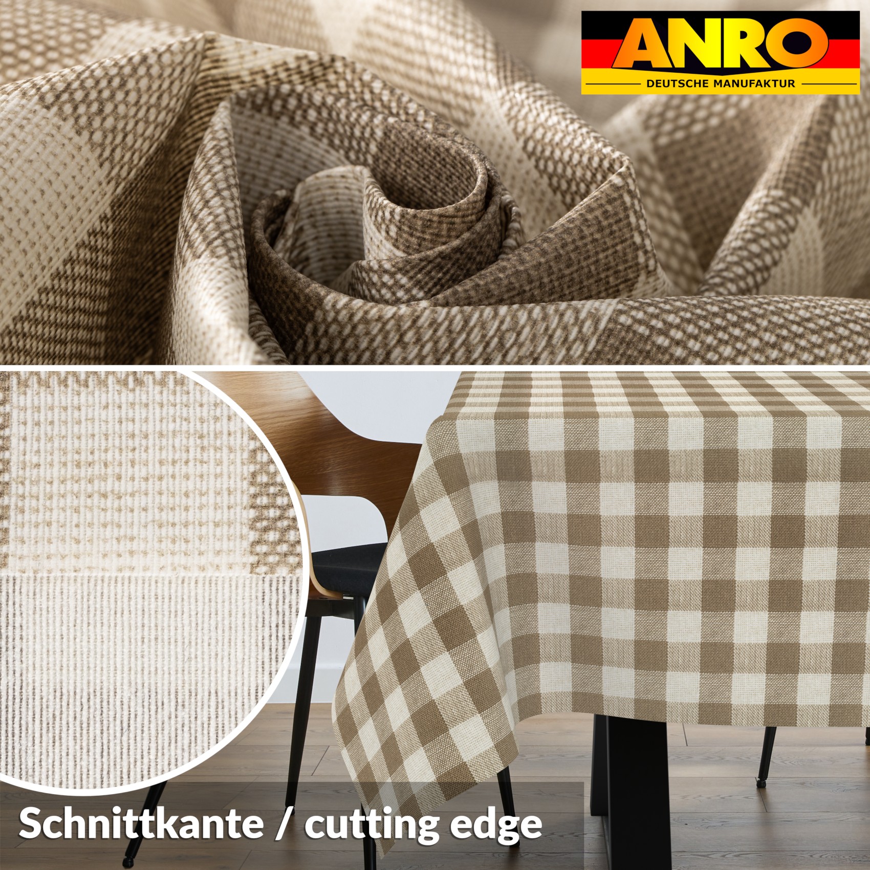 VIL3615_SQ_30 Tischdecke abwaschbar Stofftischdecke Gartentischdecke Textil Tischtuch Tafeldecke Meterware Karo Beige
