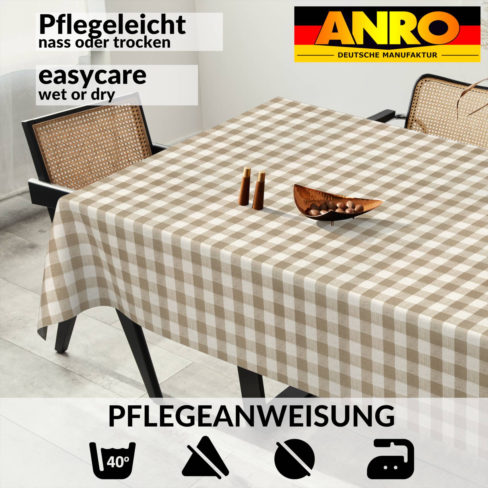 VIL3615_SQ_91 Tischdecke abwaschbar Stofftischdecke Gartentischdecke Textil Tischtuch Tafeldecke Meterware Karo Beige
