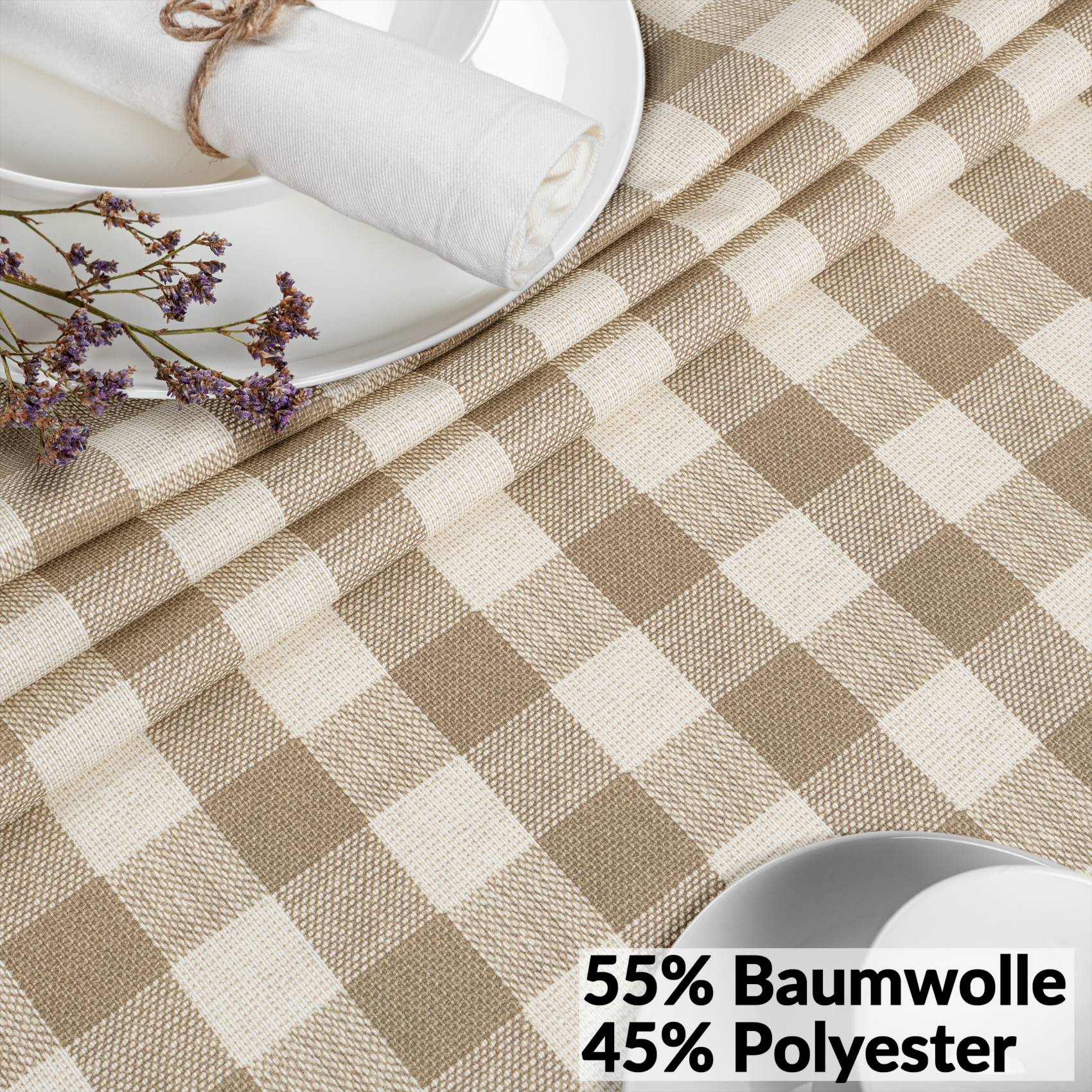 VIL3615_60 Tischdecke abwaschbar Stofftischdecke Gartentischdecke Textil Tischtuch Tafeldecke Meterware Karo Beige