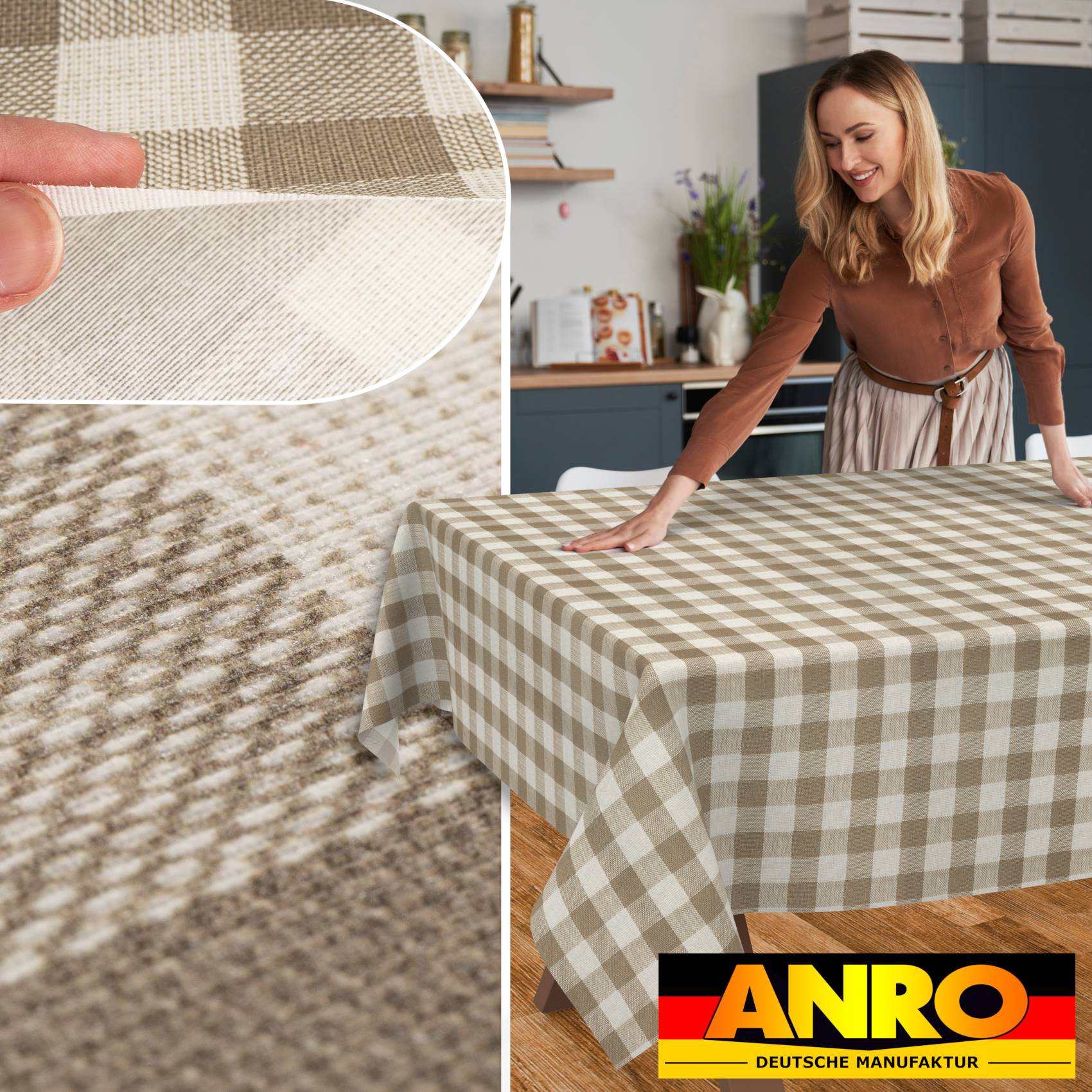 VIL3615_20 Tischdecke abwaschbar Stofftischdecke Gartentischdecke Textil Tischtuch Tafeldecke Meterware Karo Beige