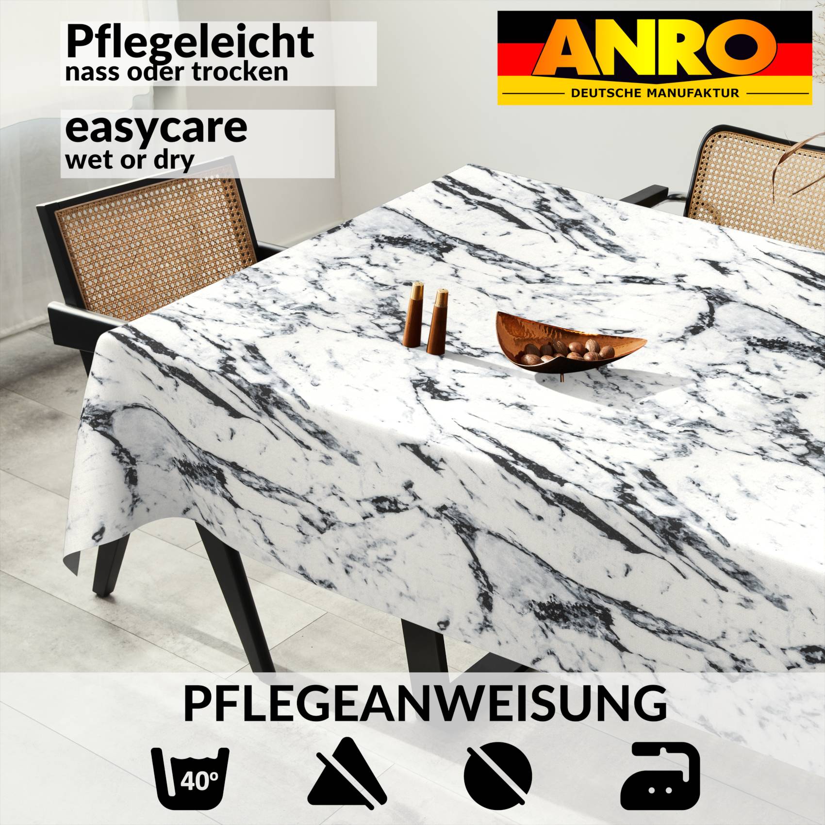 VIL2517_SQ_91 Tischdecke abwaschbar Stofftischdecke Gartentischdecke Textil Tischtuch Tafeldecke Meterware Marmor Schwarz