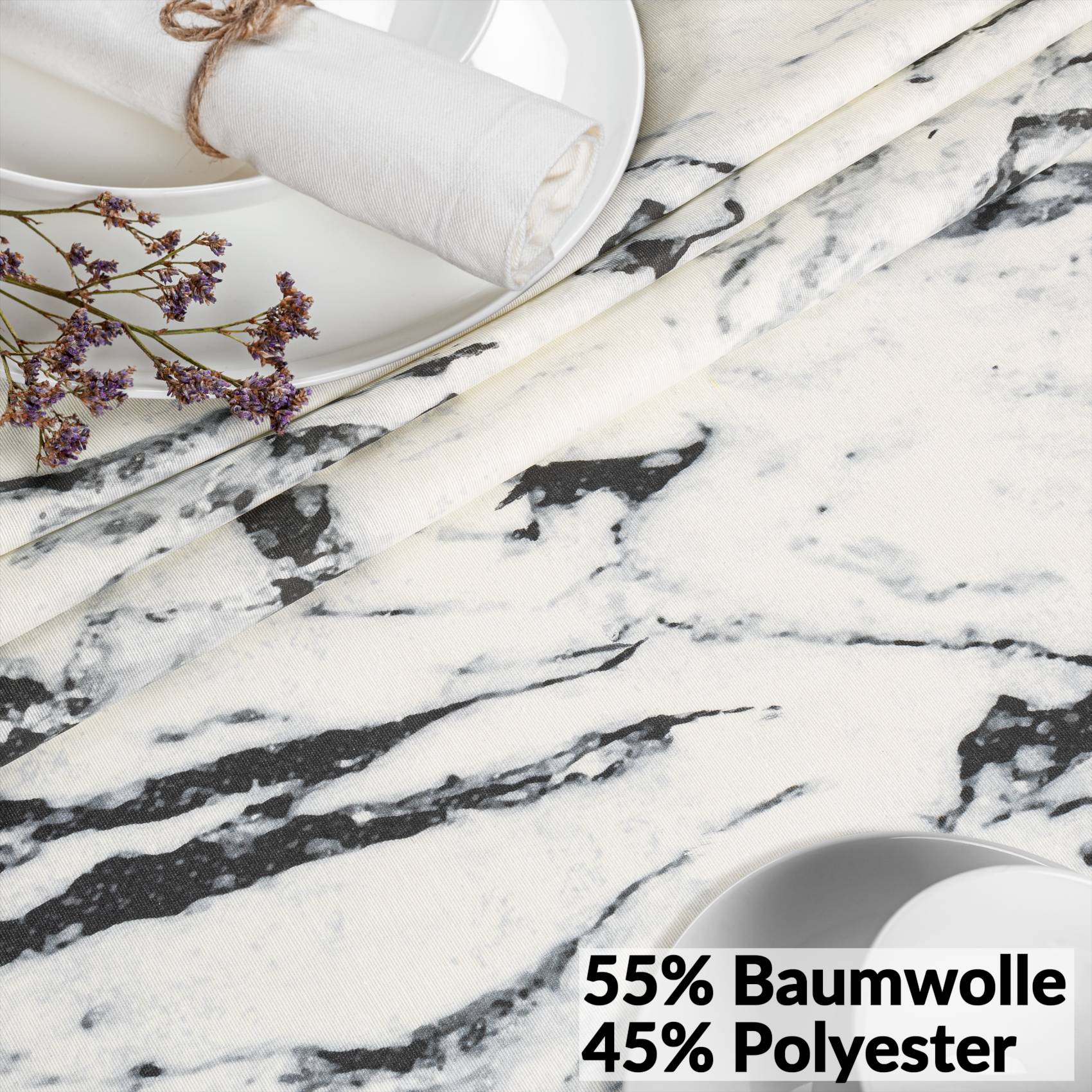 VIL2517_60 Tischdecke abwaschbar Stofftischdecke Gartentischdecke Textil Tischtuch Tafeldecke Meterware Marmor Schwarz