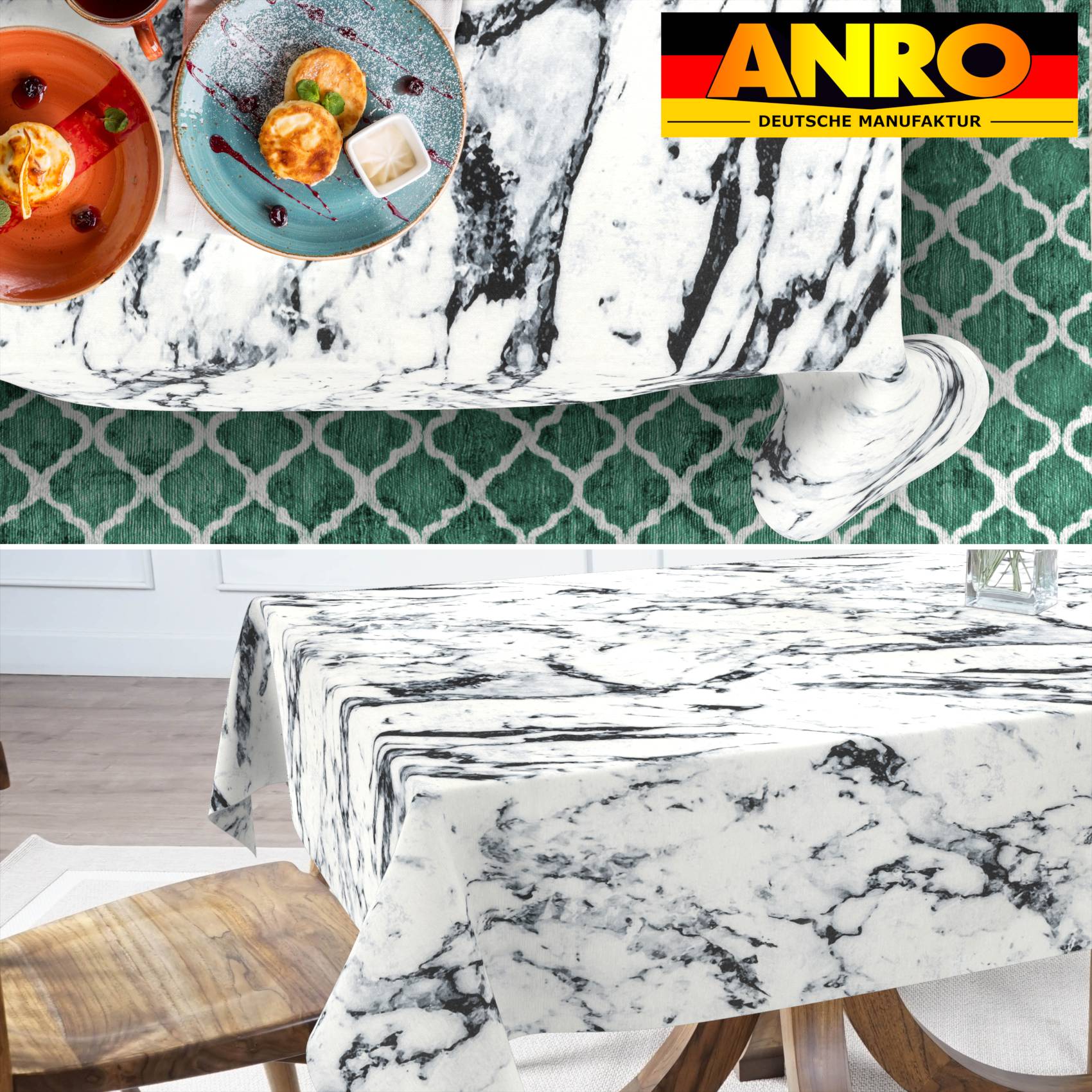 VIL2517_SQ_70 Tischdecke abwaschbar Stofftischdecke Gartentischdecke Textil Tischtuch Tafeldecke Meterware Marmor Schwarz
