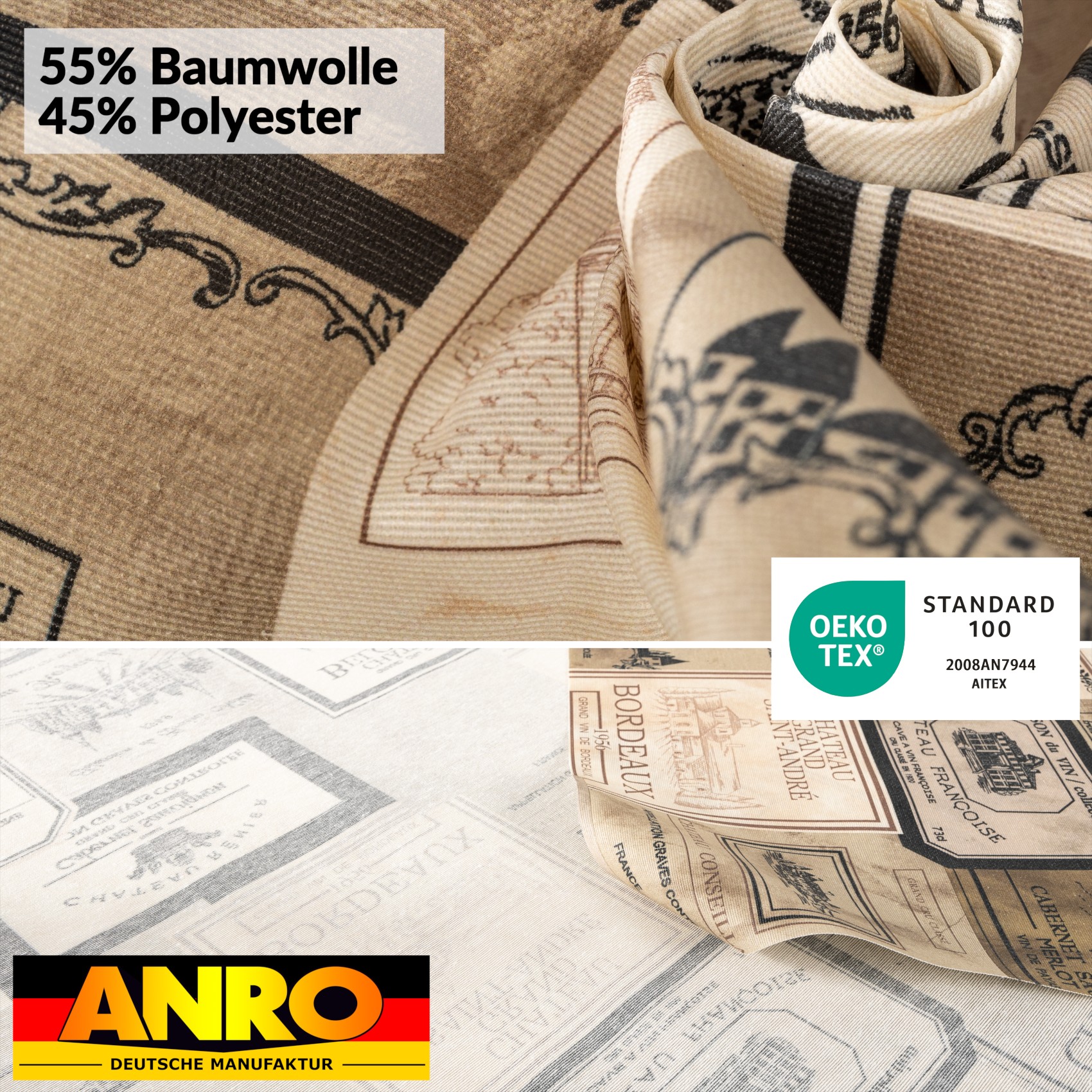 VIL1111_SQ_50 Tischdecke abwaschbar Stofftischdecke Gartentischdecke Textil Tischtuch Tafeldecke Meterware Wein