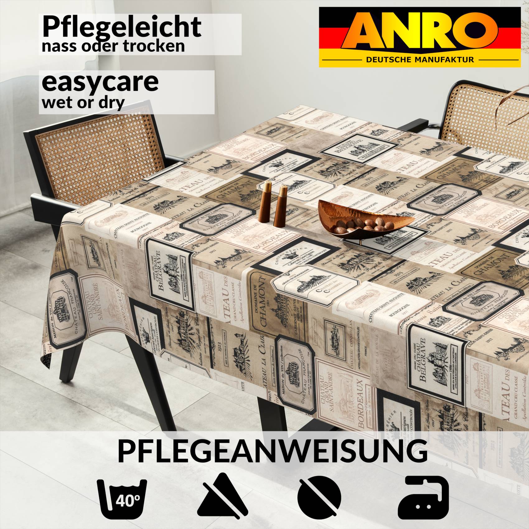 VIL1111_SQ_91 Tischdecke abwaschbar Stofftischdecke Gartentischdecke Textil Tischtuch Tafeldecke Meterware Wein