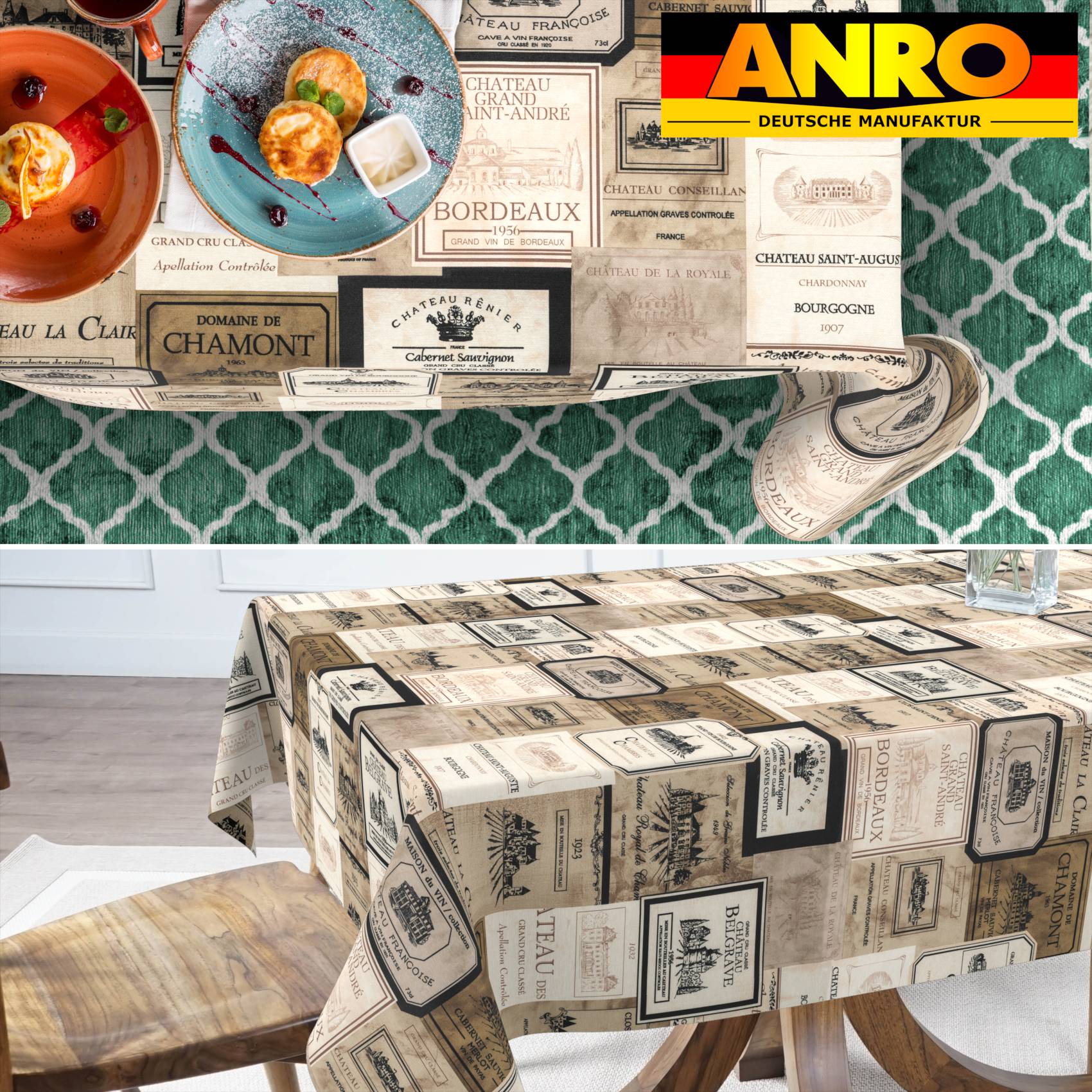 VIL1111_SQ_70 Tischdecke abwaschbar Stofftischdecke Gartentischdecke Textil Tischtuch Tafeldecke Meterware Wein