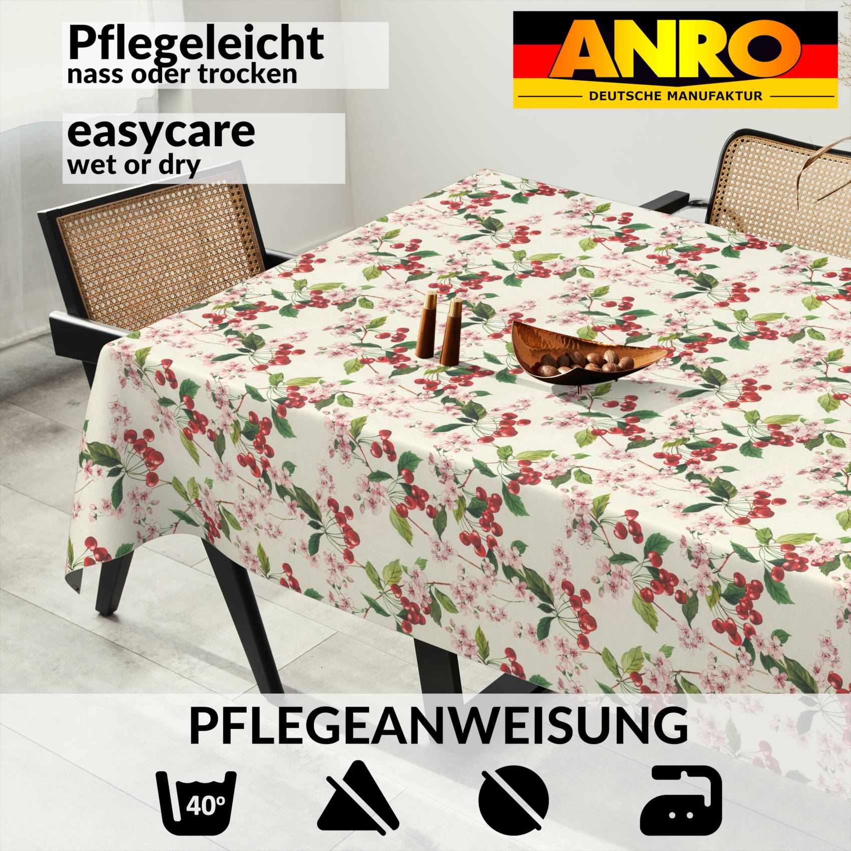 Tischdecke abwaschbar Stofftischdecke Gartentischdecke Textil Tischtuch Tafeldecke Meterware Kirsche