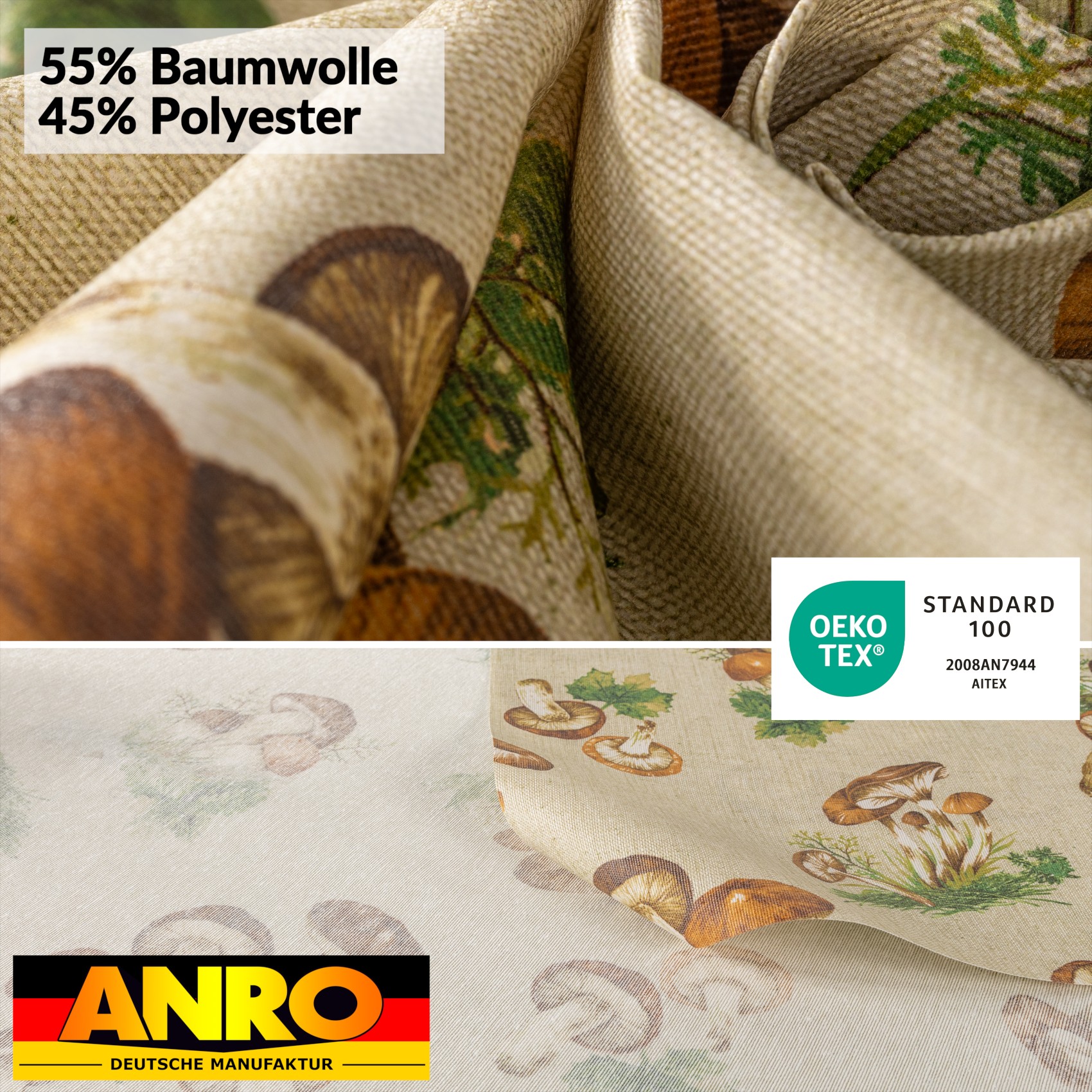 VIL2980_SQ_50 Tischdecke abwaschbar Stofftischdecke Gartentischdecke Textil Tischtuch Tafeldecke Meterware Pilze