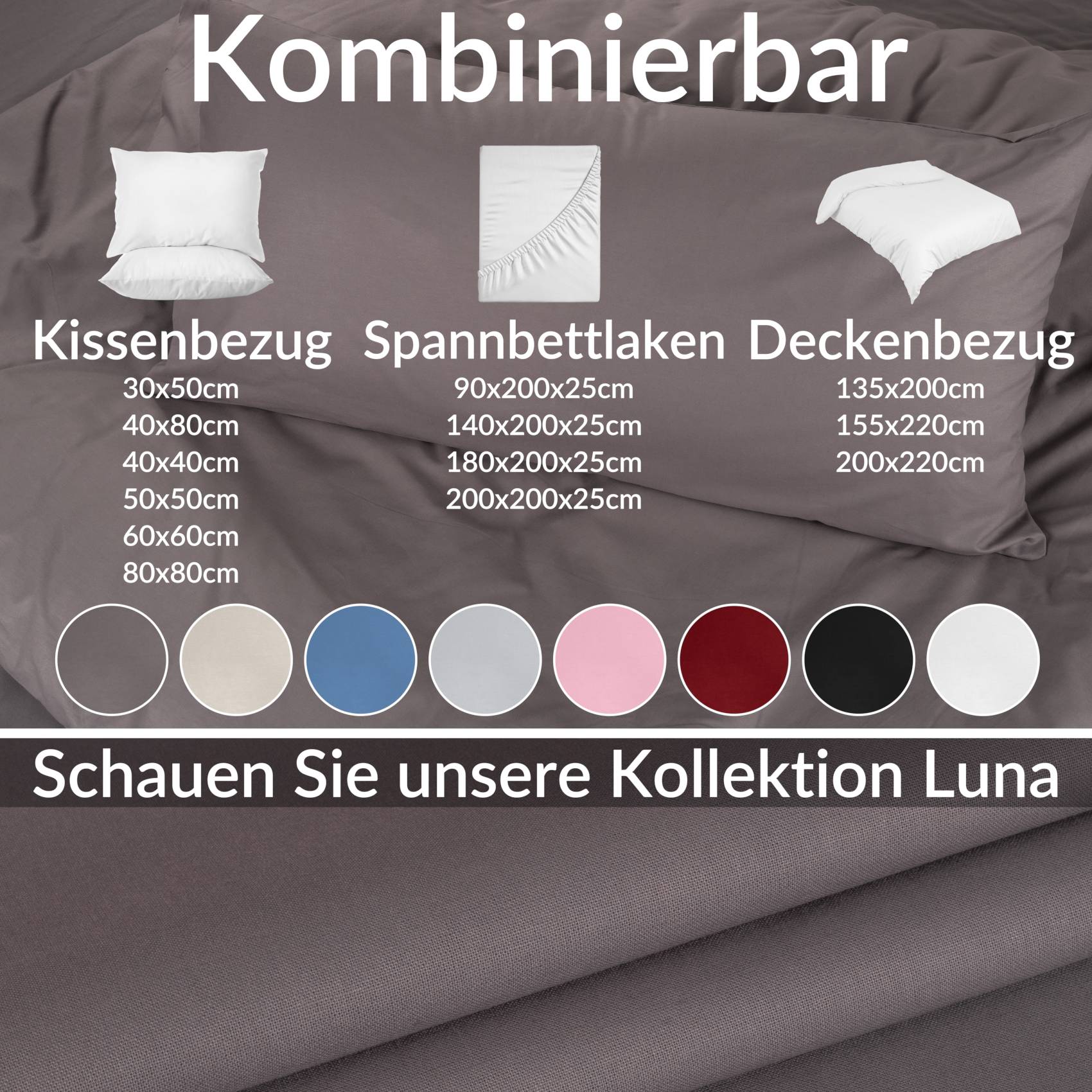 Kissenbezug Kopfkissenbezug 100% Baumwolle Kissenhülle atmungsaktiv Grau