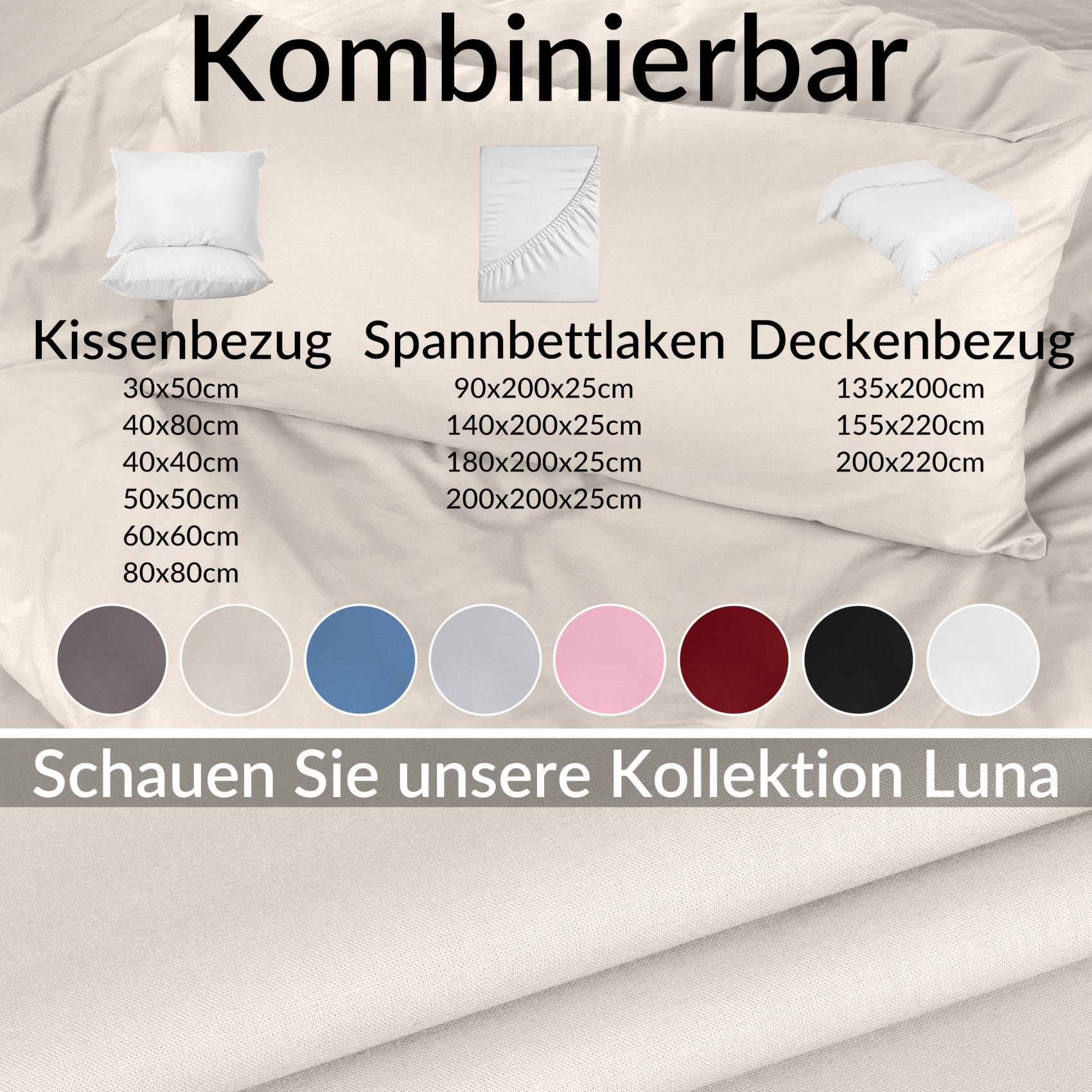 STKISS-BEIG_30 Kissenbezug Kopfkissenbezug 100% Baumwolle Kissenhülle atmungsaktiv Beige