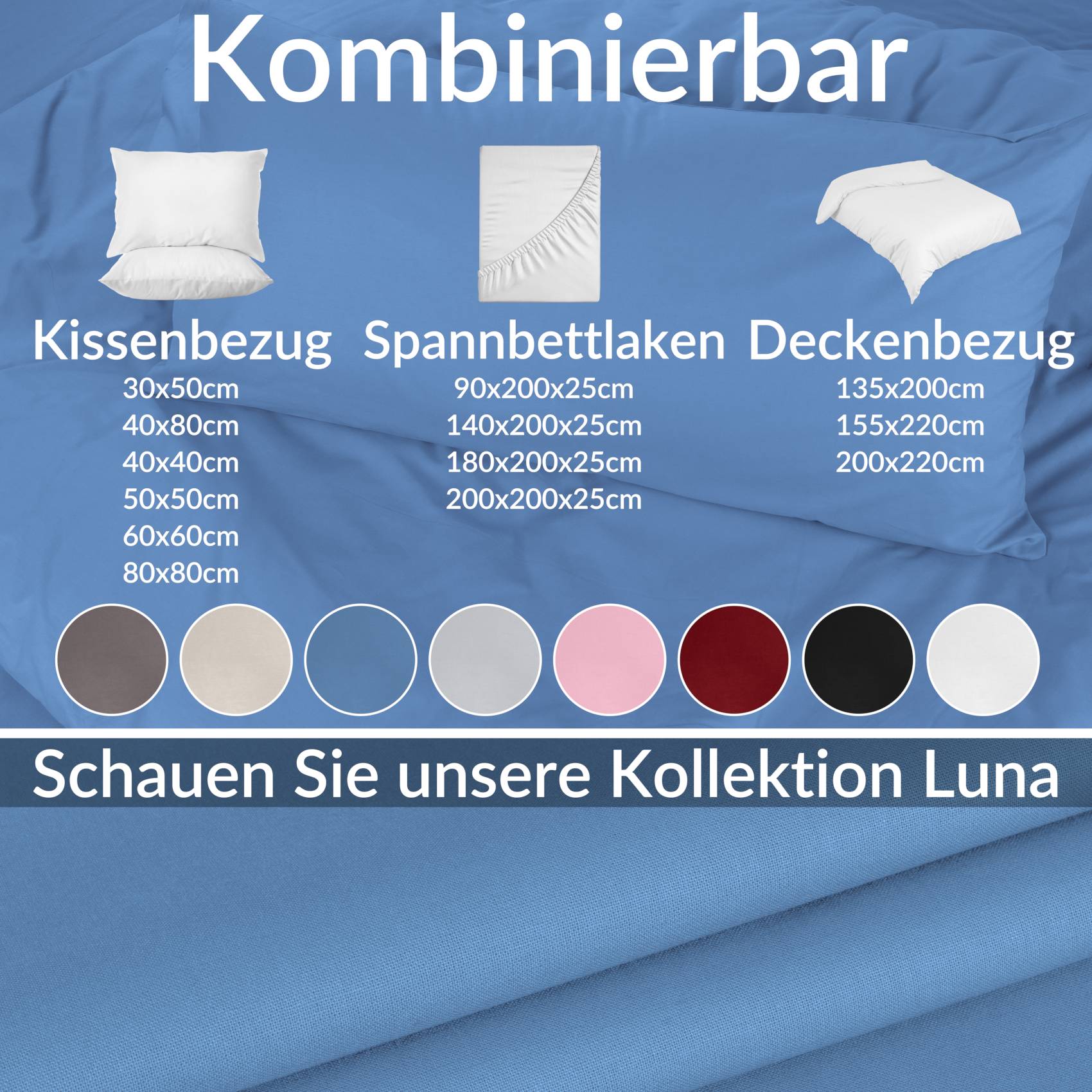 STKISS-BLAU_30 Kissenbezug Kopfkissenbezug 100% Baumwolle Kissenhülle atmungsaktiv Blau