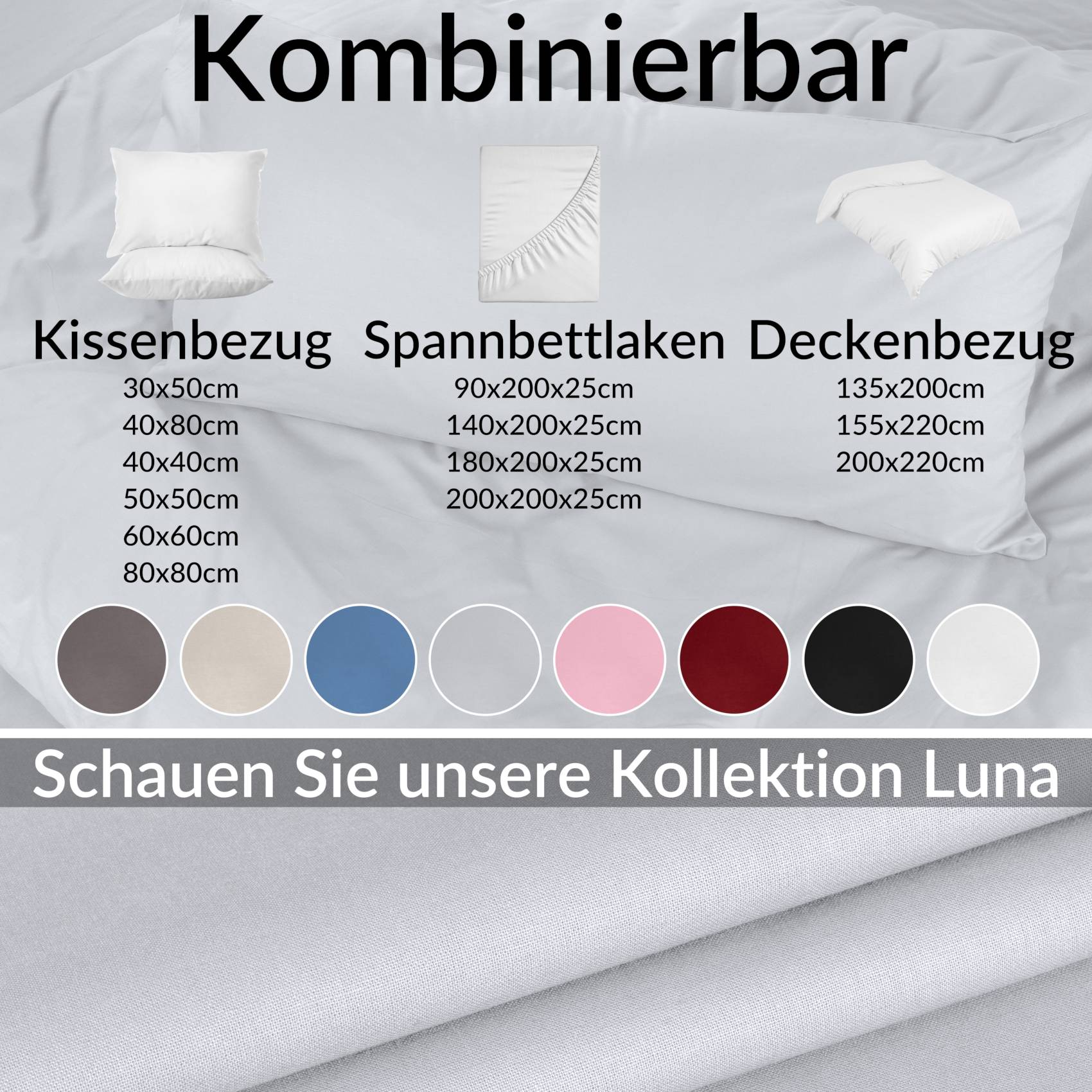 STKISS-GRAU_30 Kissenbezug Kopfkissenbezug 100% Baumwolle Kissenhülle atmungsaktiv Hellgrau