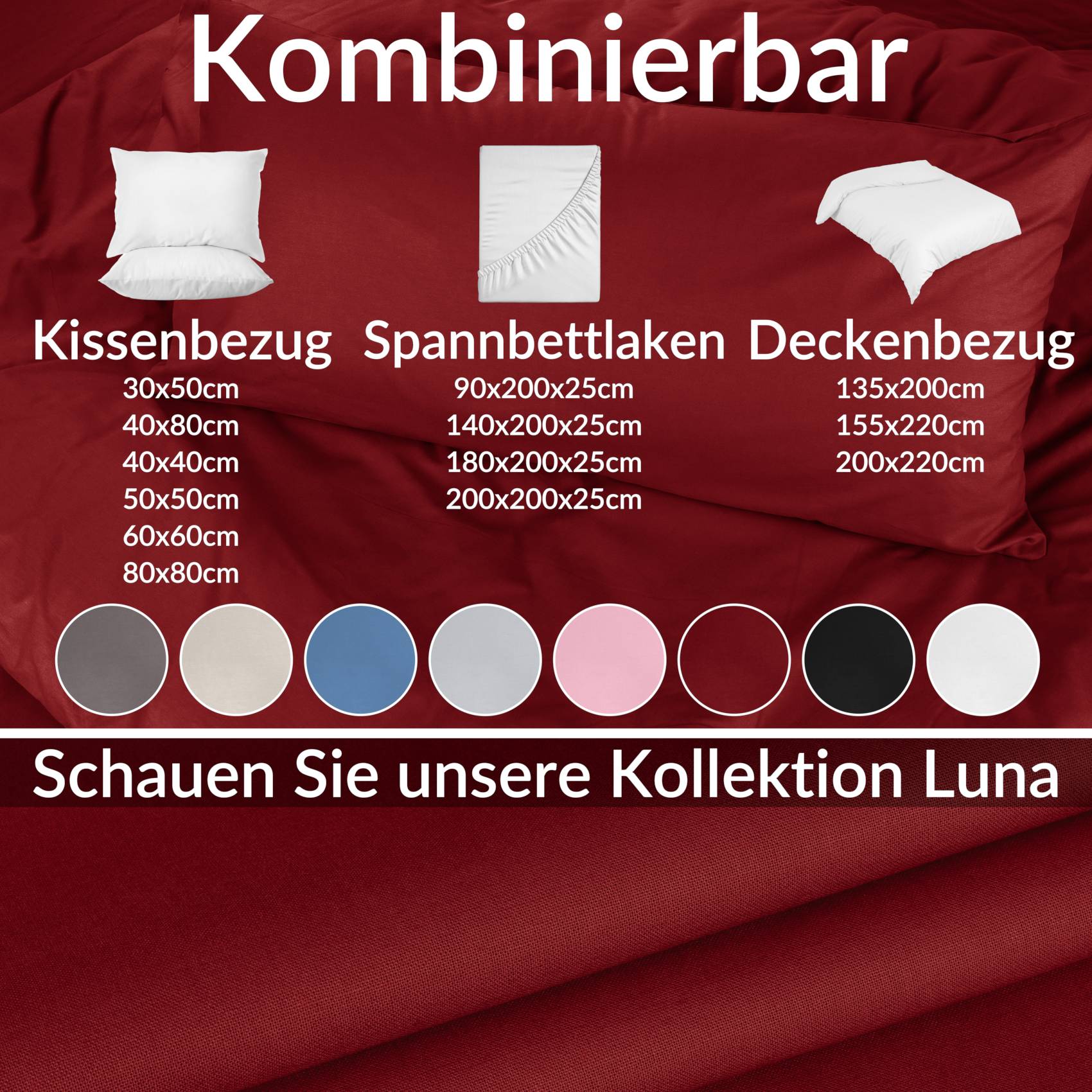 STKISS-ROTT_30 Kissenbezug Kopfkissenbezug 100% Baumwolle Kissenhülle atmungsaktiv Bordeaux