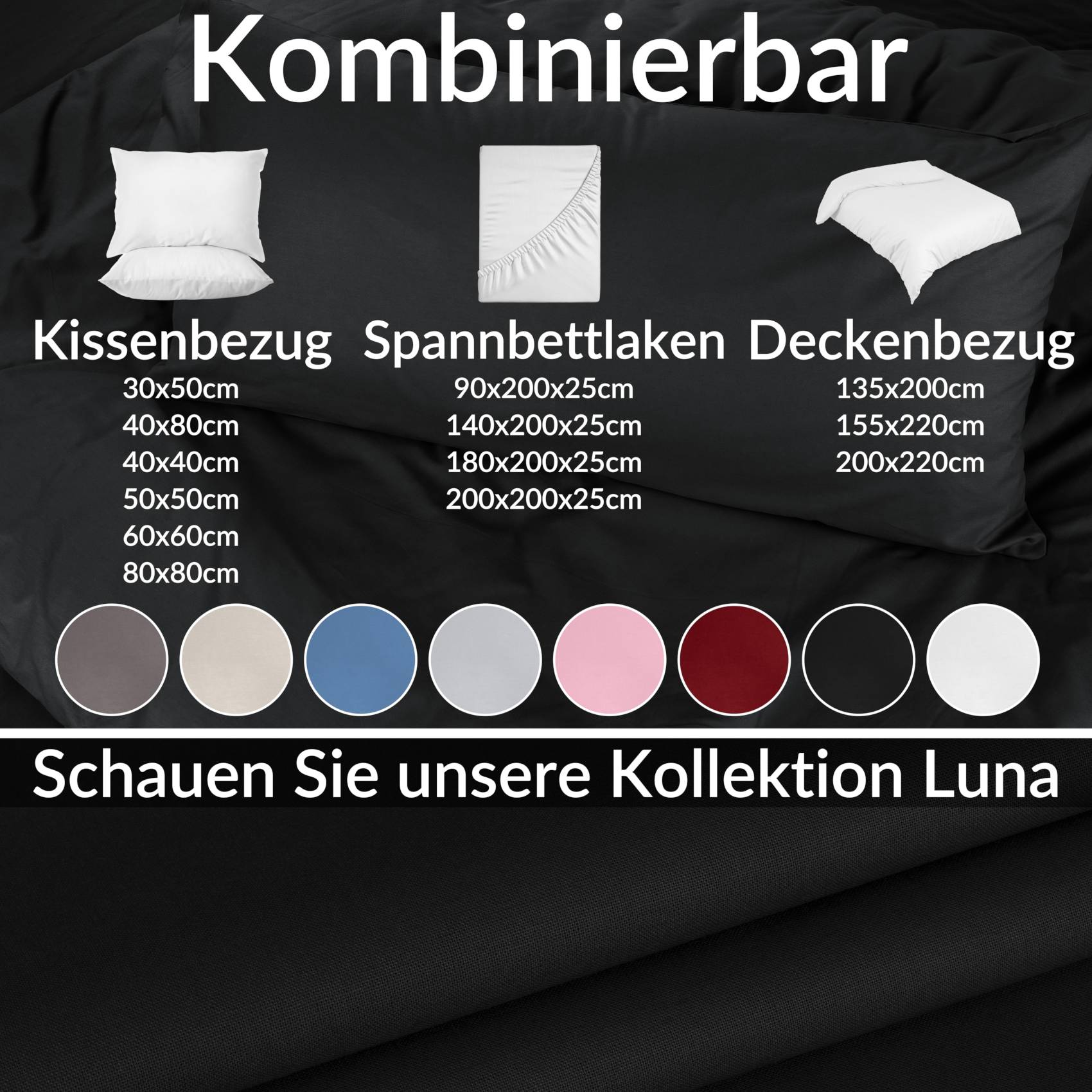 STKISS-SCHW_30 Kissenbezug Kopfkissenbezug 100% Baumwolle Kissenhülle atmungsaktiv Schwarz