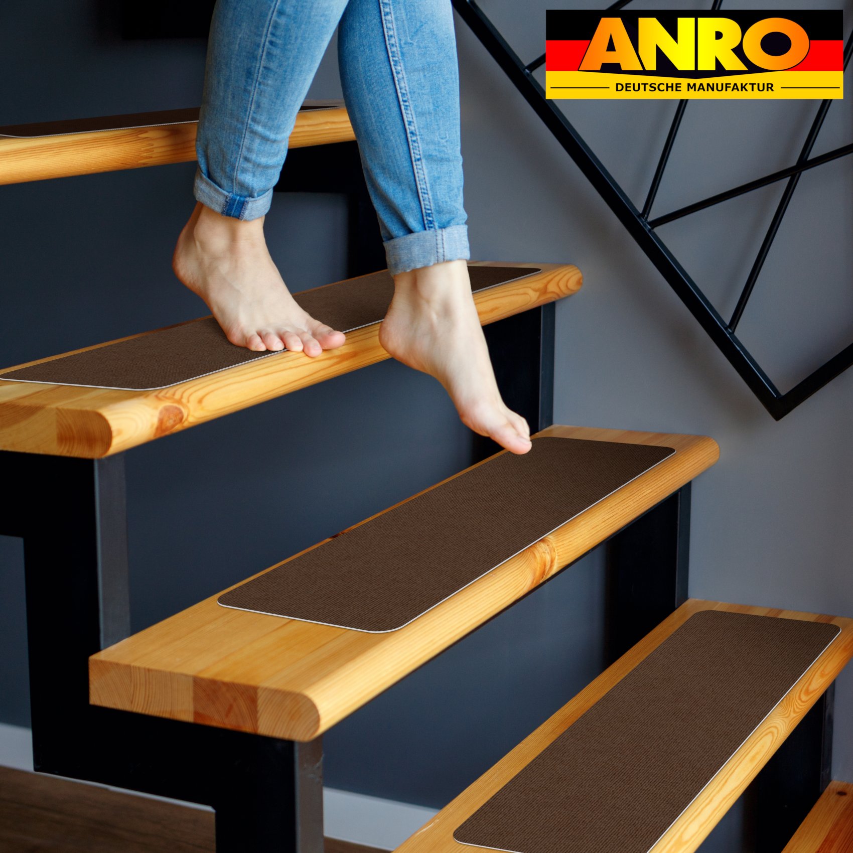 Treppenteppich Treppenstufen Teppich Stufenteppich Stufenmatte selbsthaftend Rechteckig NEMESIS Schoko