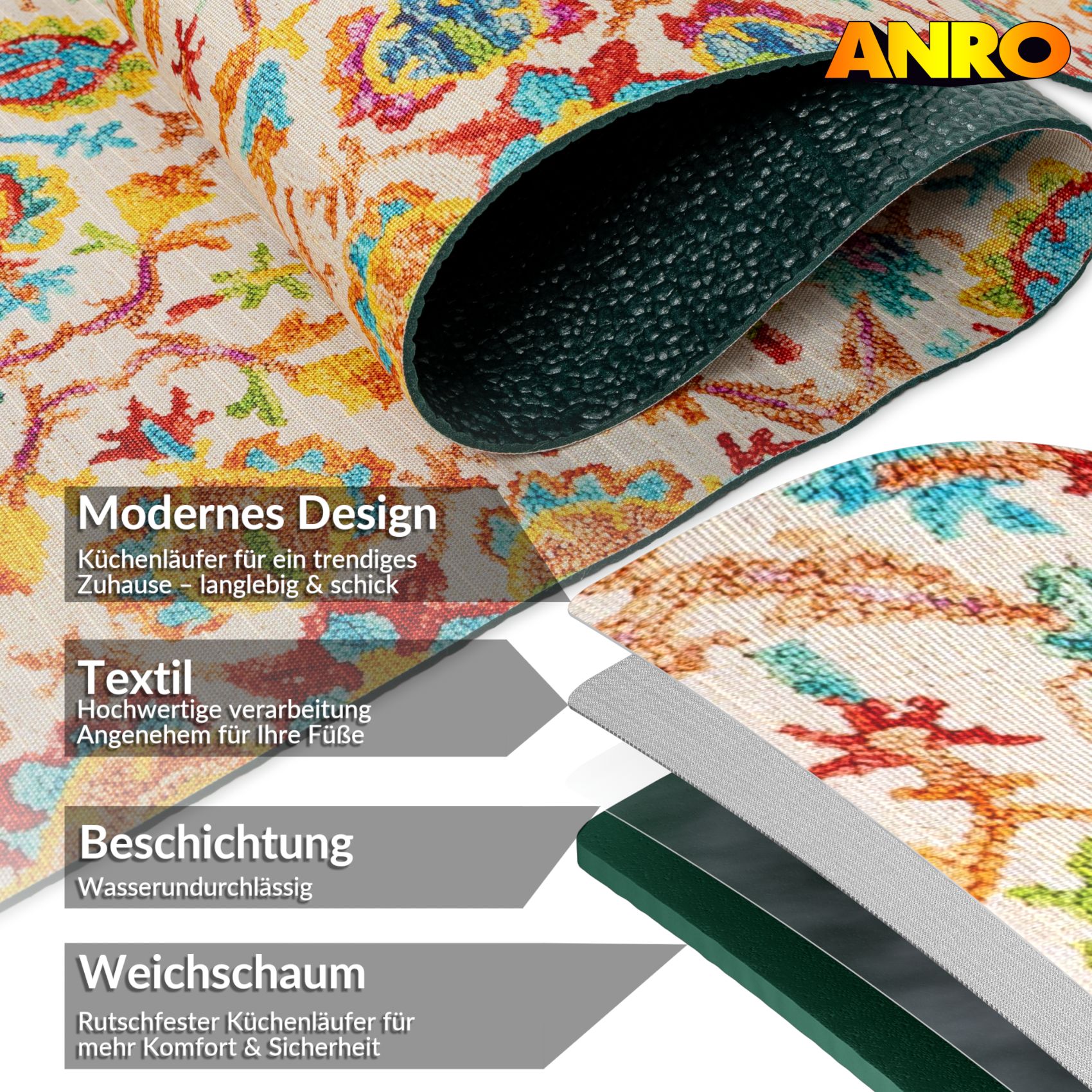 Küchenläufer waschbar Küchenteppich rutschfest Sprinty Abbraccio 52cm Breite